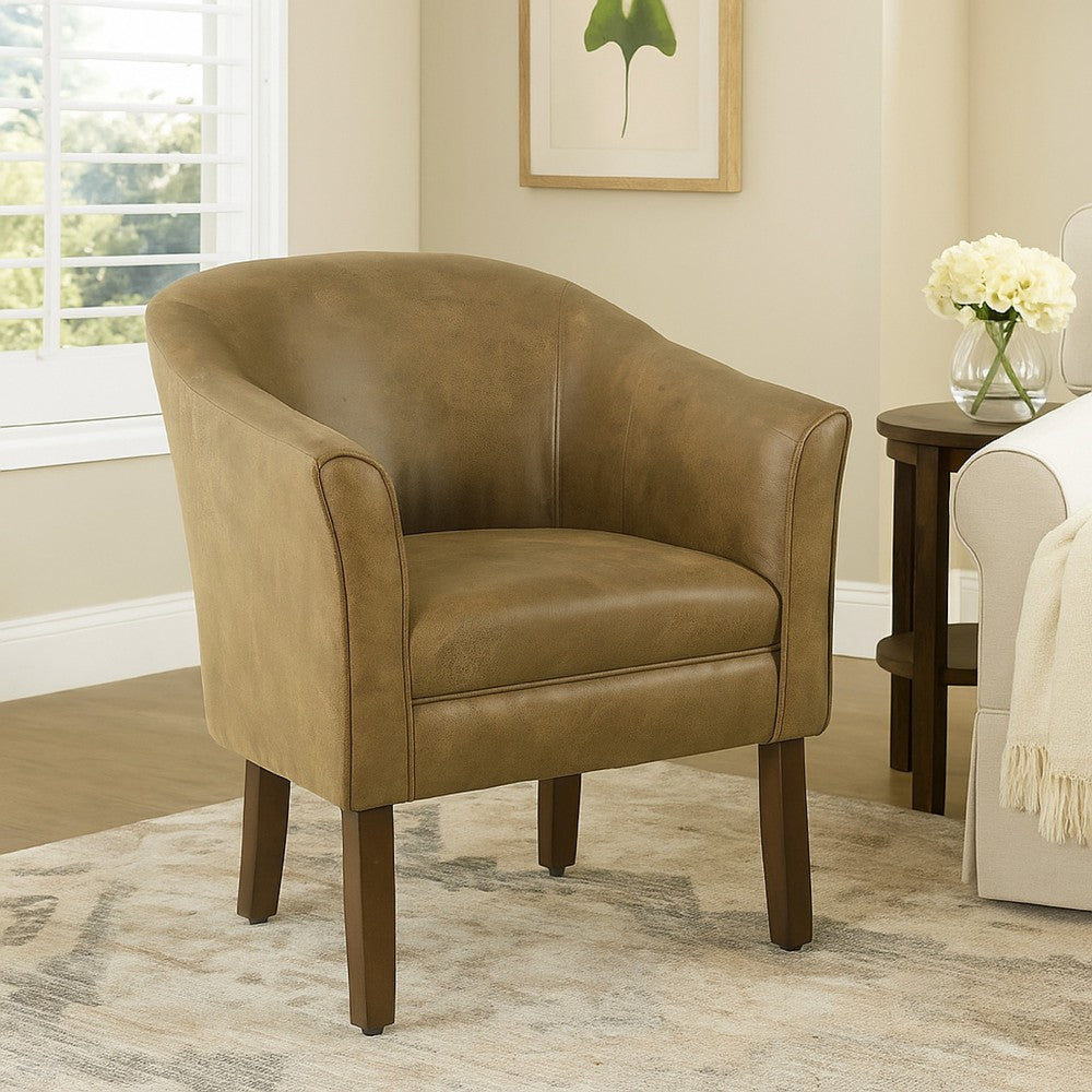 Benjara Elom Accent Armchair, Brown Faux Leather with Welt Trim Details
