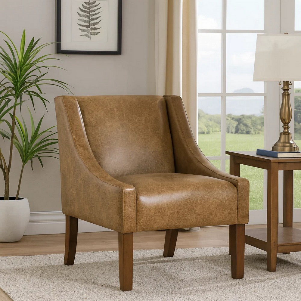 Benjara Accent Chair, Distressed Brown Faux Leather with Sloped Arms