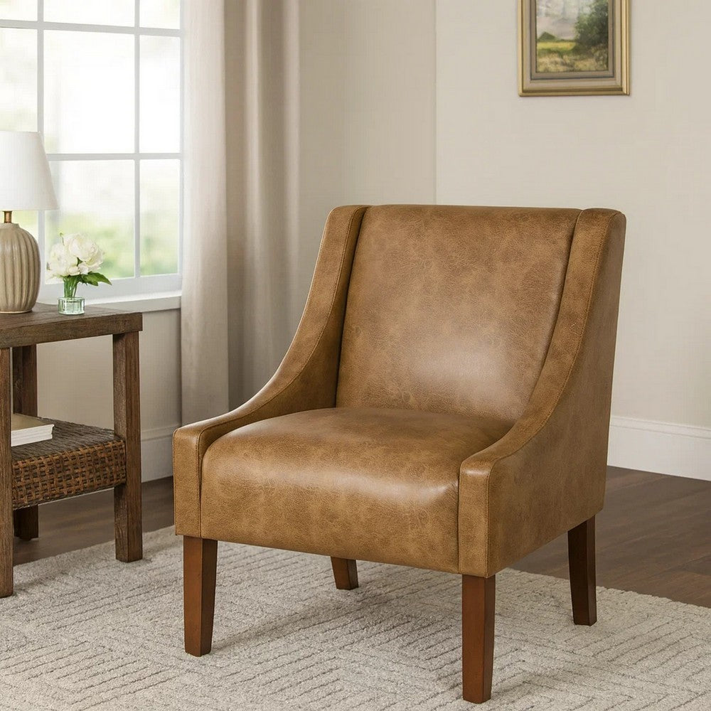 Benjara Accent Chair, Distressed Brown Faux Leather with Sloped Arms