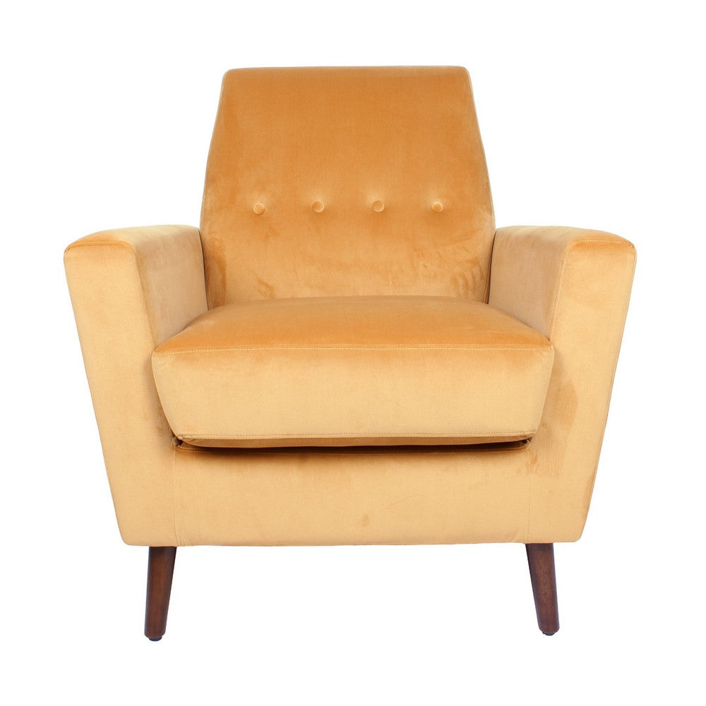 Benjara Accent Club Chair, Button Tufted Yellow Velvet with Walnut Brown Legs