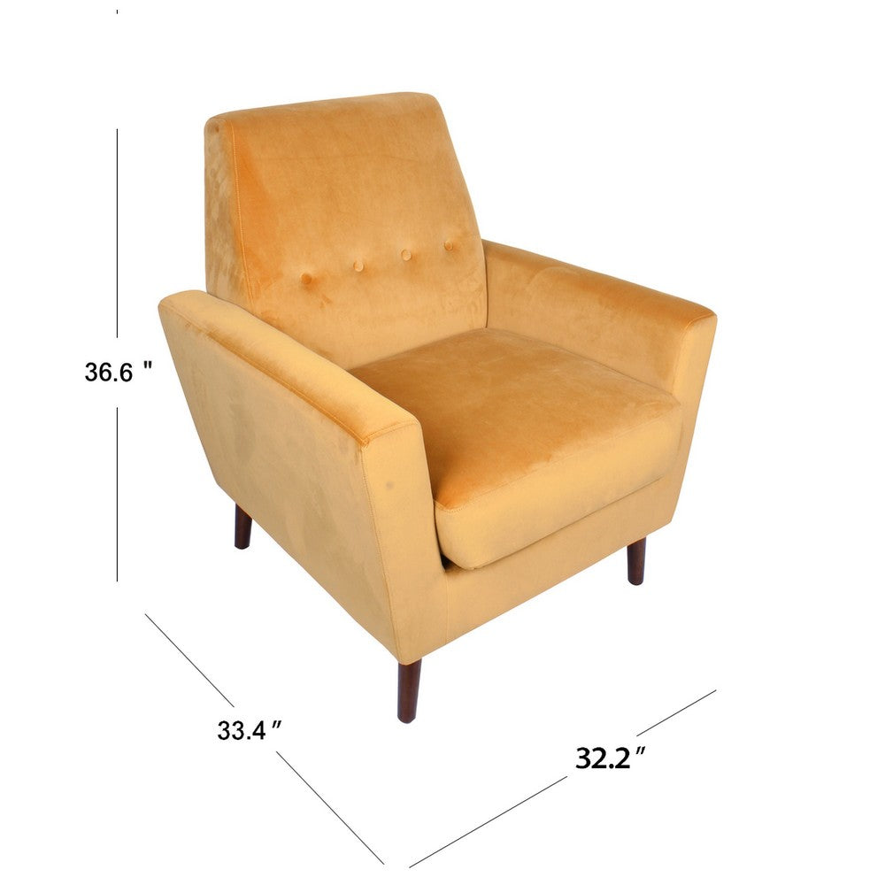 Benjara Accent Club Chair, Button Tufted Yellow Velvet with Walnut Brown Legs