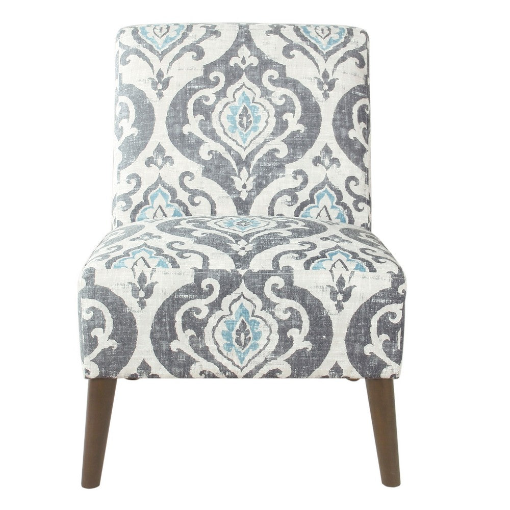 Benjara Armless Accent Chair, Vintage Medallion Print, Blue White Polyester