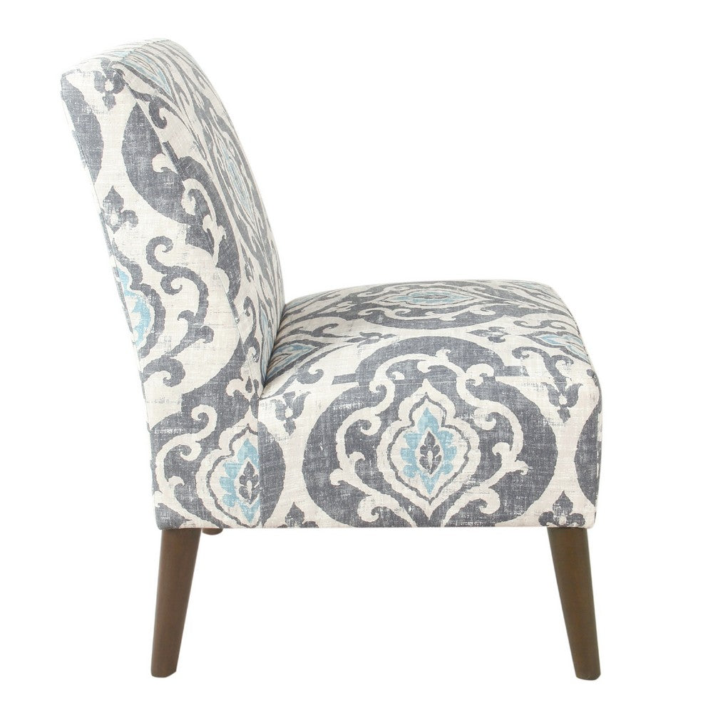 Benjara Armless Accent Chair, Vintage Medallion Print, Blue White Polyester