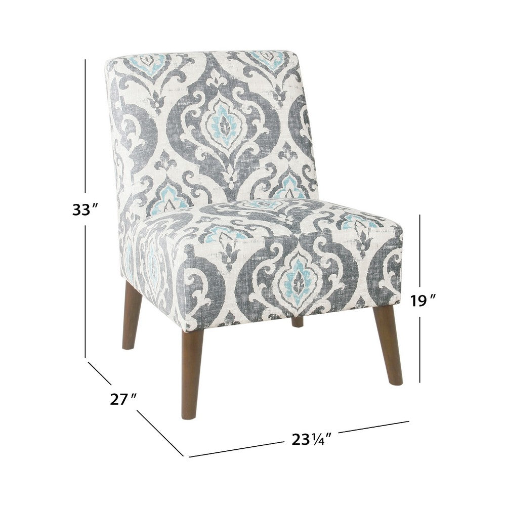 Benjara Armless Accent Chair, Vintage Medallion Print, Blue White Polyester