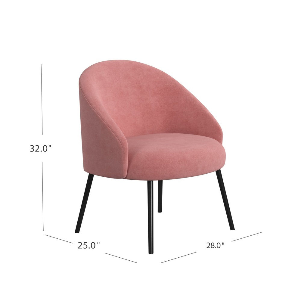 Benjara Kila Accent Chair, Soft Pink Velvet And Ebony Black Metal Legs