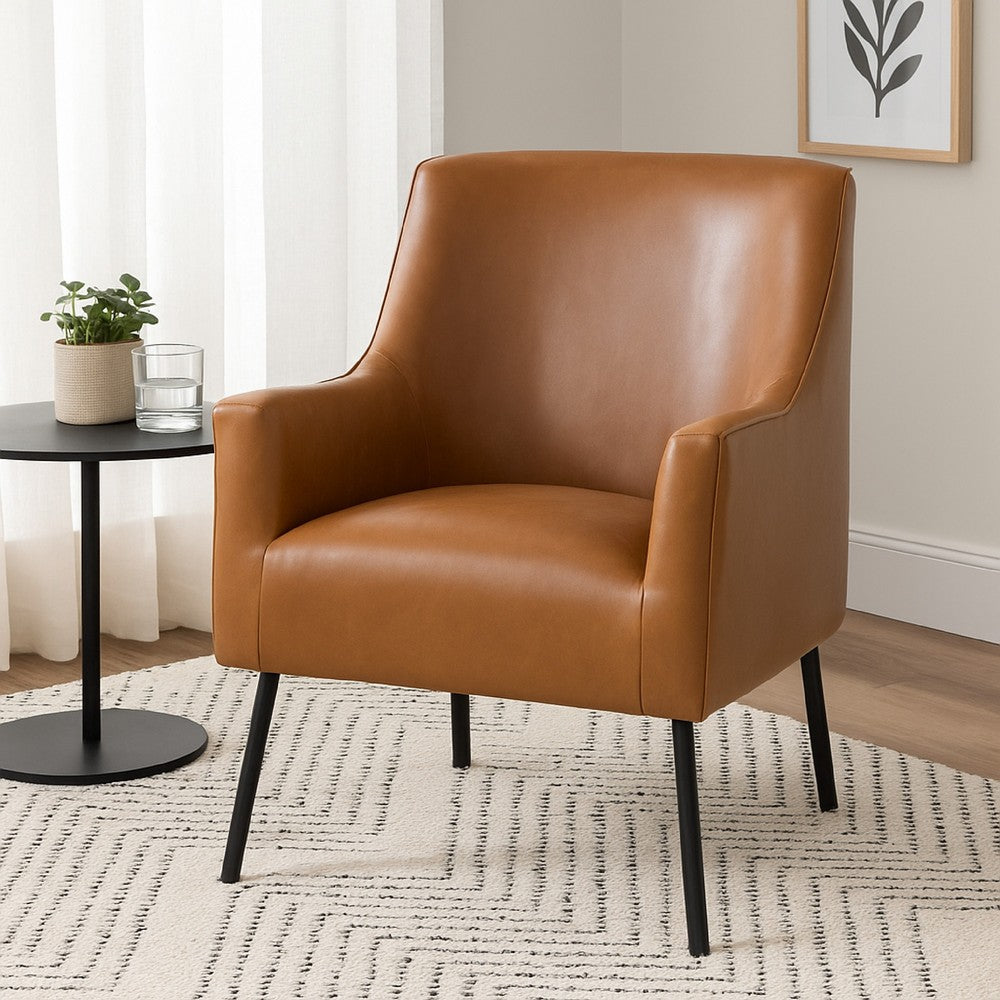 Benjara Sune Accent Chair, Brown Faux Leather And Matte Black Metal Legs