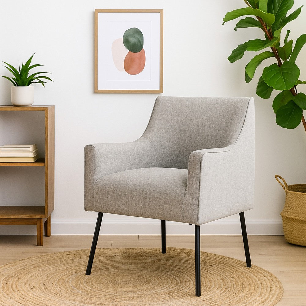 Benjara Sune Accent Chair, Light Gray Polyester And Matte Black Metal Legs