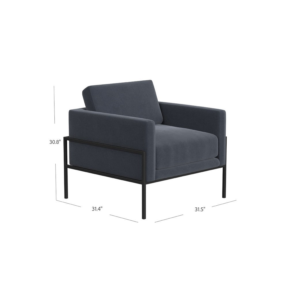 Benjara Fiam Accent Armchair, Steel Blue Velvet, Modern Black Metal Legs
