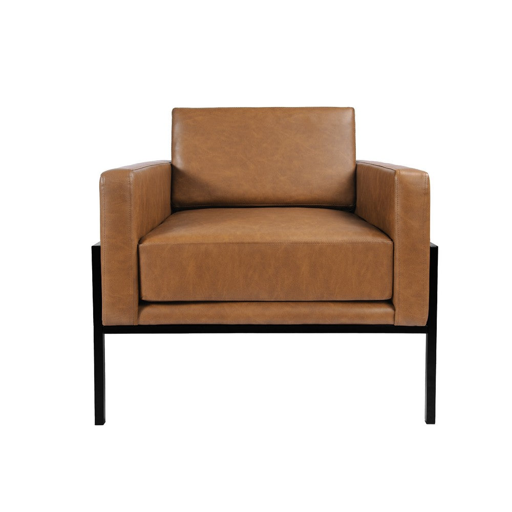 Benjara Fiam Accent Armchair, Caramel Brown Faux Leather, Modern Black Legs