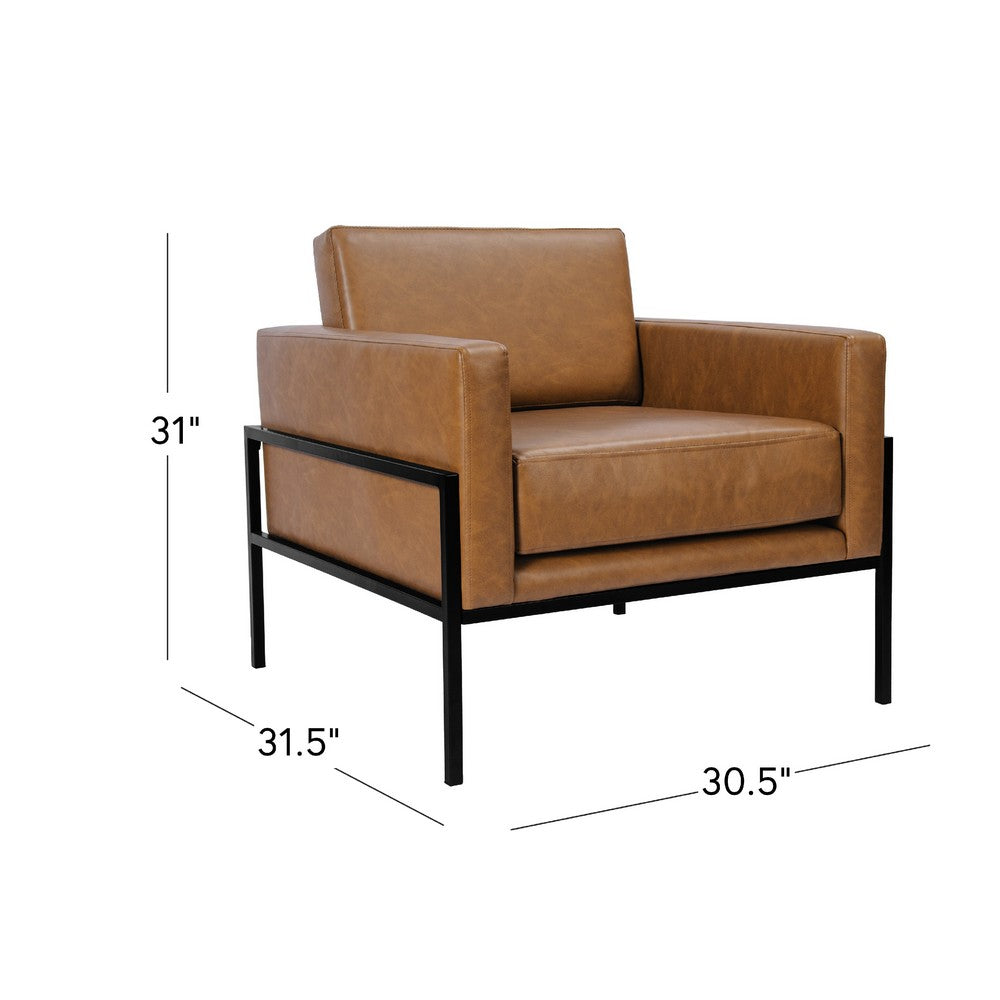 Benjara Fiam Accent Armchair, Caramel Brown Faux Leather, Modern Black Legs