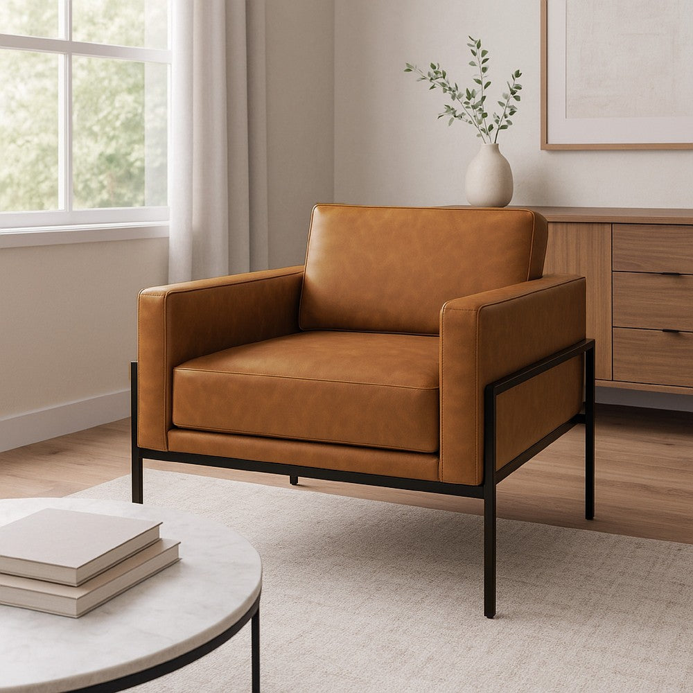 Benjara Fiam Accent Armchair, Caramel Brown Faux Leather, Modern Black Legs
