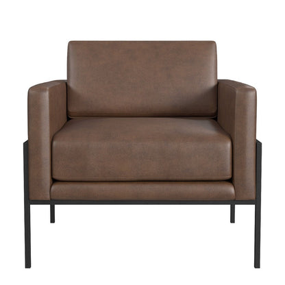 Benjara Fiam Accent Armchair, Dark Brown Faux Leather, Modern Black Legs