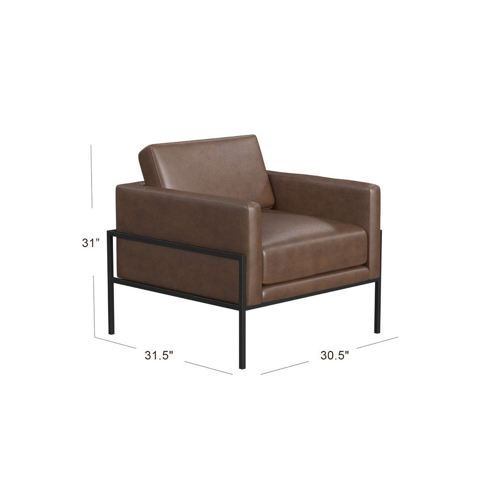 Benjara Fiam Accent Armchair, Dark Brown Faux Leather, Modern Black Legs