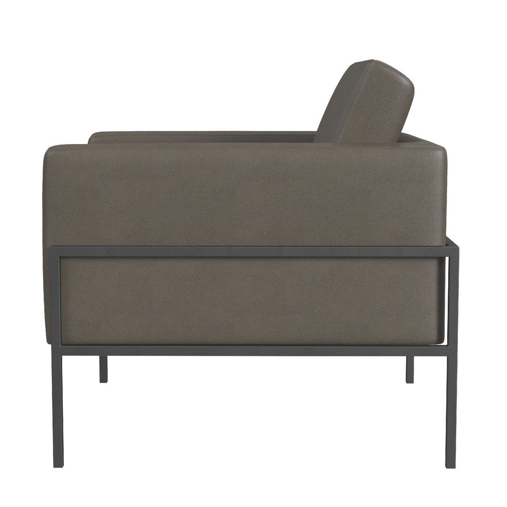 Benjara Fiam Accent Armchair, Dark Gray Faux Leather, Modern Black Legs