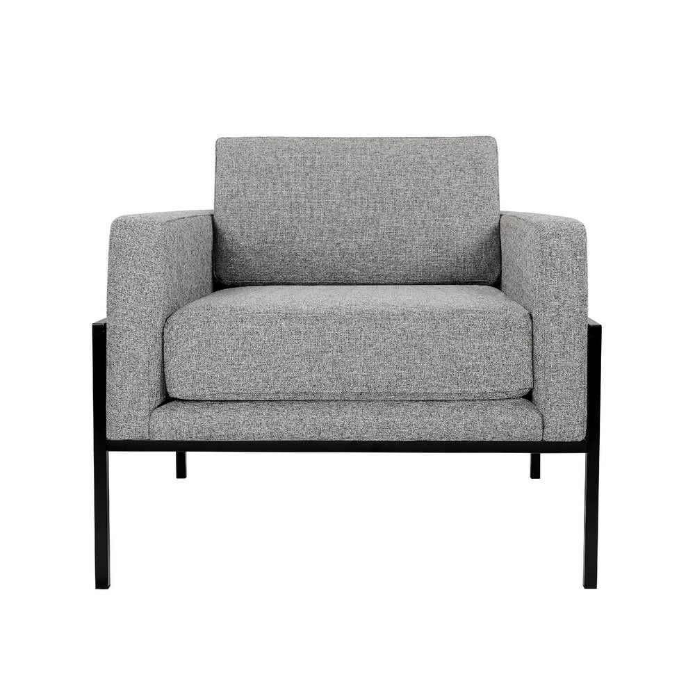 Benjara Fiam Accent Armchair, Heather Gray Woven Fabric, Black Metal Legs