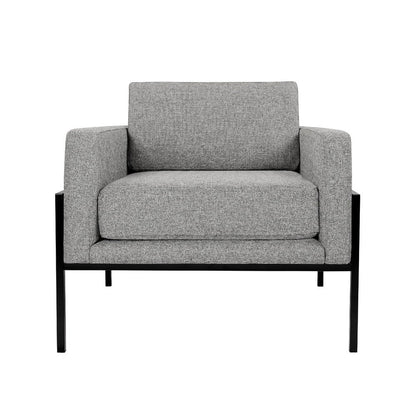 Benjara Fiam Accent Armchair, Heather Gray Woven Fabric, Black Metal Legs