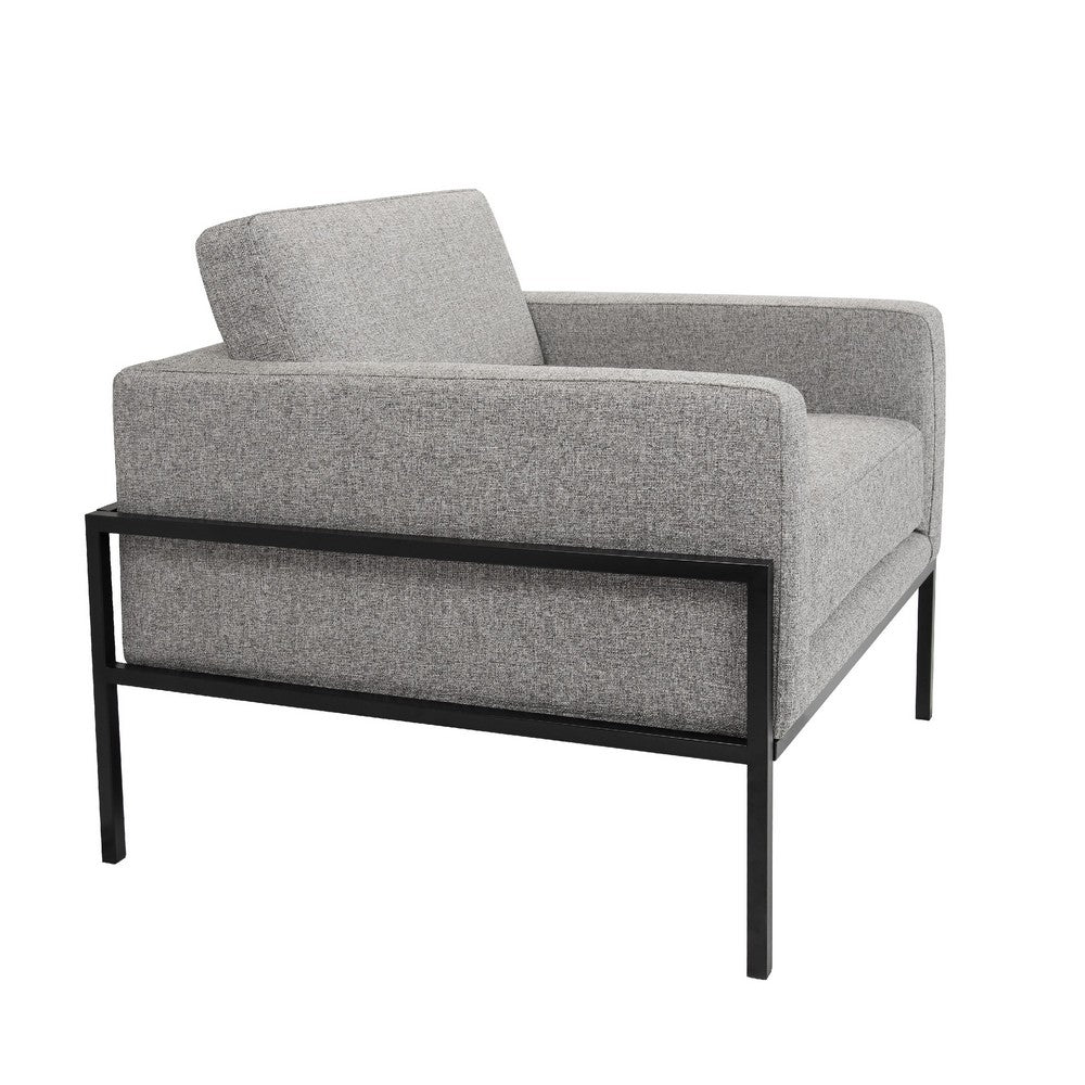 Benjara Fiam Accent Armchair, Heather Gray Woven Fabric, Black Metal Legs