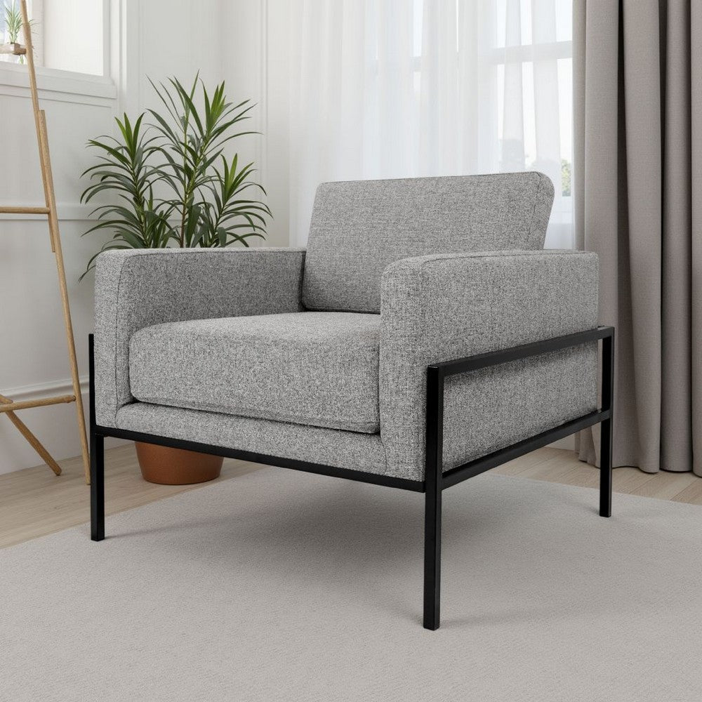 Benjara Fiam Accent Armchair, Heather Gray Woven Fabric, Black Metal Legs
