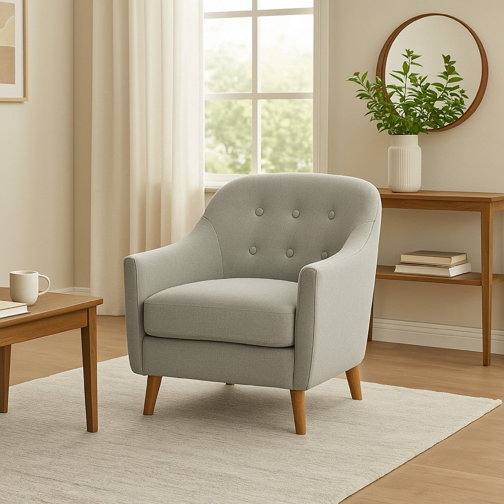 Benjara Accent Armchair, Button Tufted Backrest, Soft Gray Woven Fabric