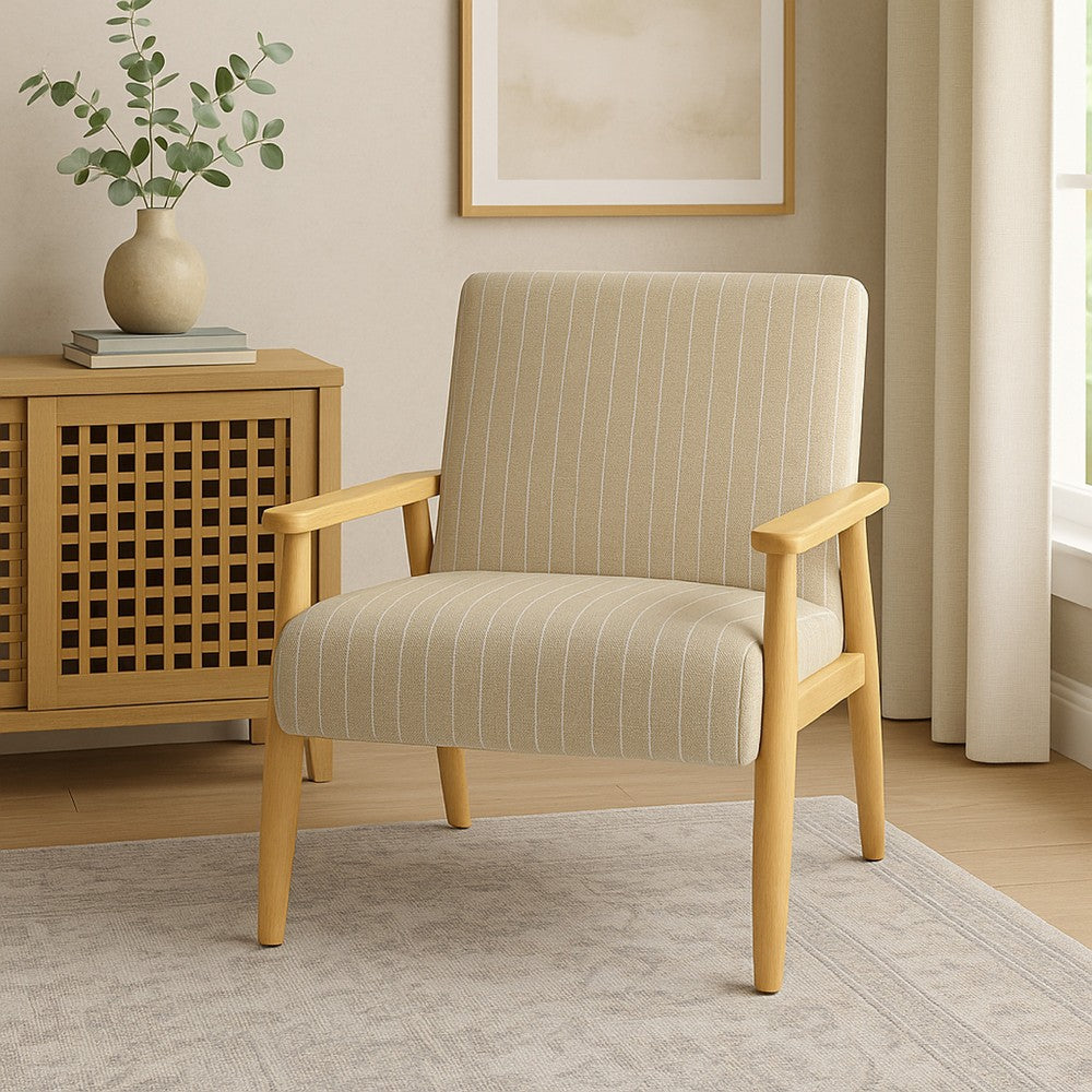 Benjara Accent Armchair, Beige And White Stripe Pattern Fabric, Solid Wood