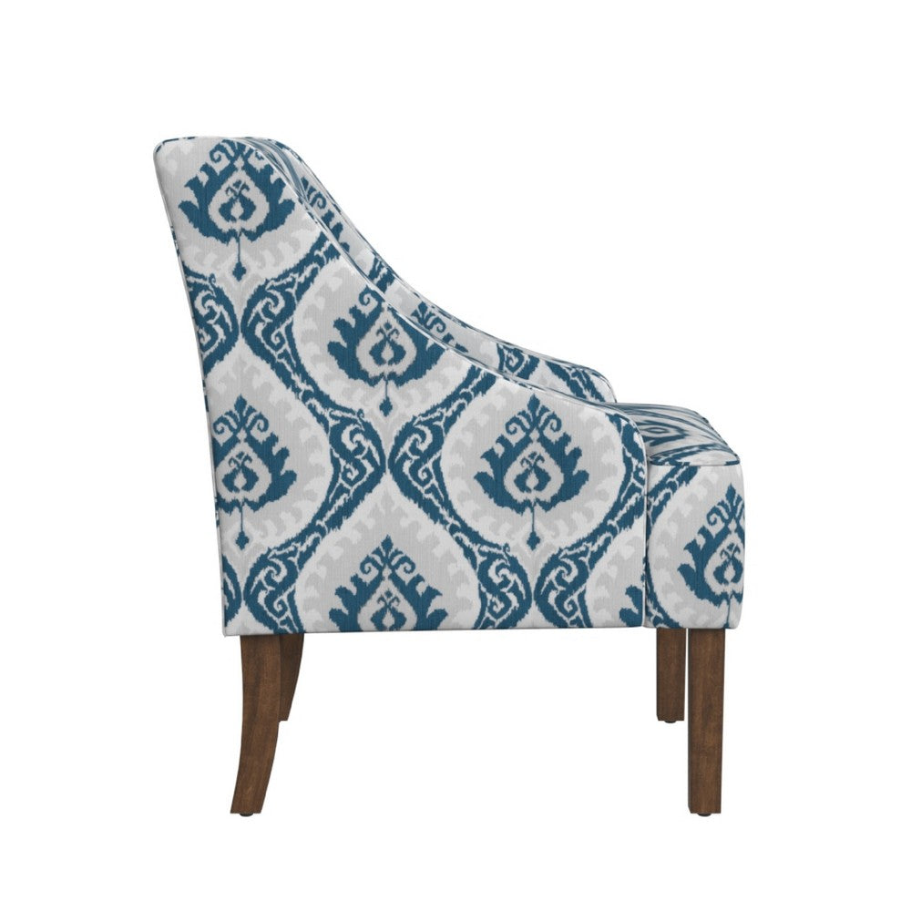 Benjara Yolu Accent Chair, Ikat Medallion Print, Blue And White Polyester