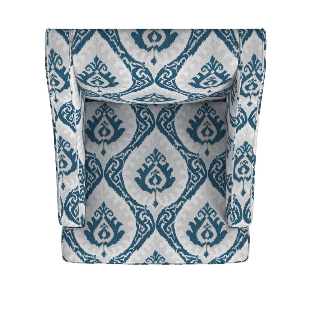 Benjara Yolu Accent Chair, Ikat Medallion Print, Blue And White Polyester