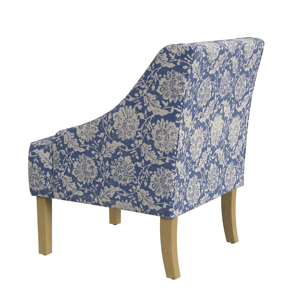 Benjara Yolu Accent Chair, Classic Floral Print, Blue And White Polyester