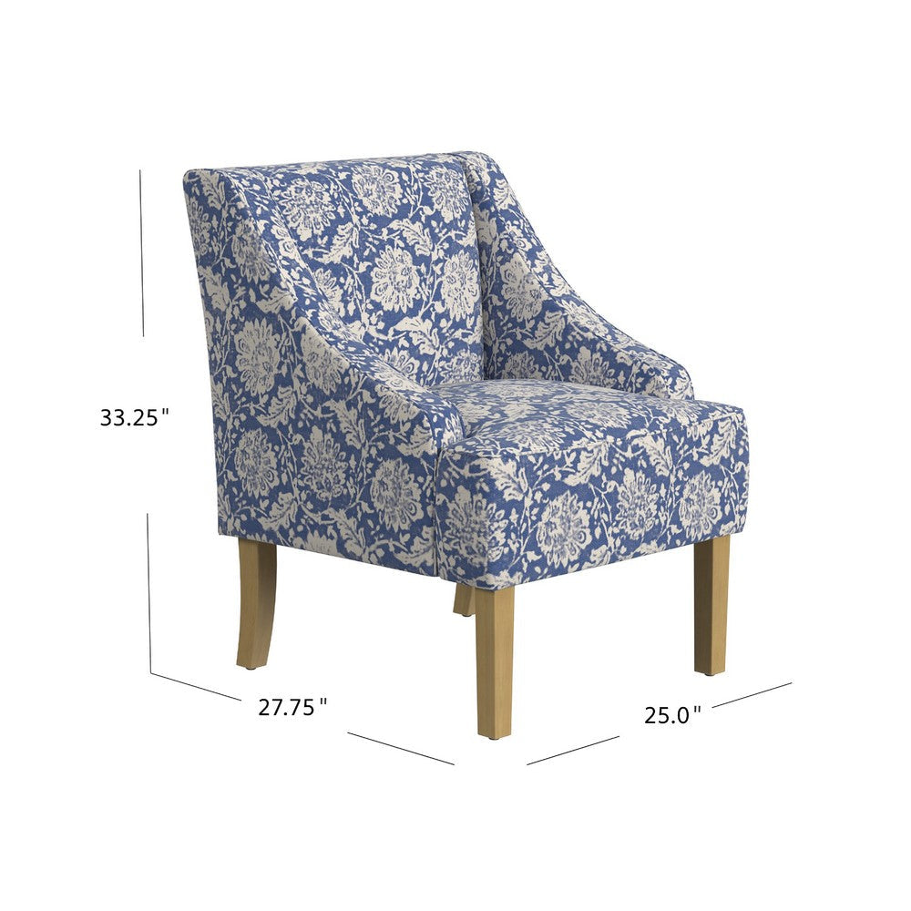 Benjara Yolu Accent Chair, Classic Floral Print, Blue And White Polyester