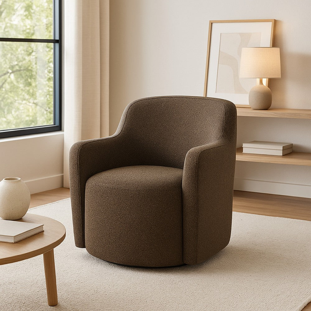 Benjara Kopi Swivel Accent Club Chair, Dark Brown Boucle, Curved Backrest