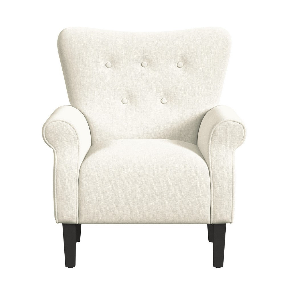 Benjara Mowo Accent Armchair, Classic Button Tufted Back, White Woven Fabric