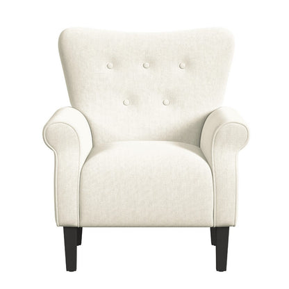 Benjara Mowo Accent Armchair, Classic Button Tufted Back, White Woven Fabric