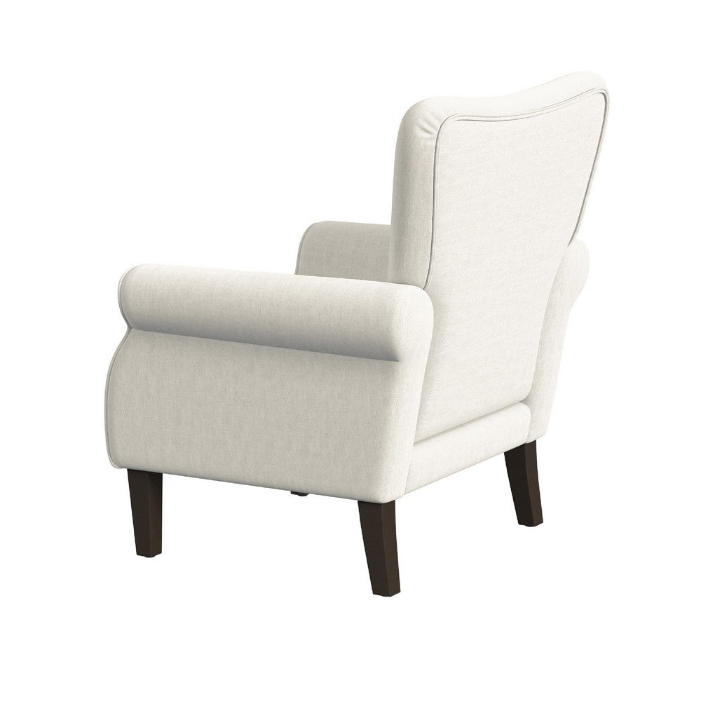 Benjara Mowo Accent Armchair, Classic Button Tufted Back, White Woven Fabric