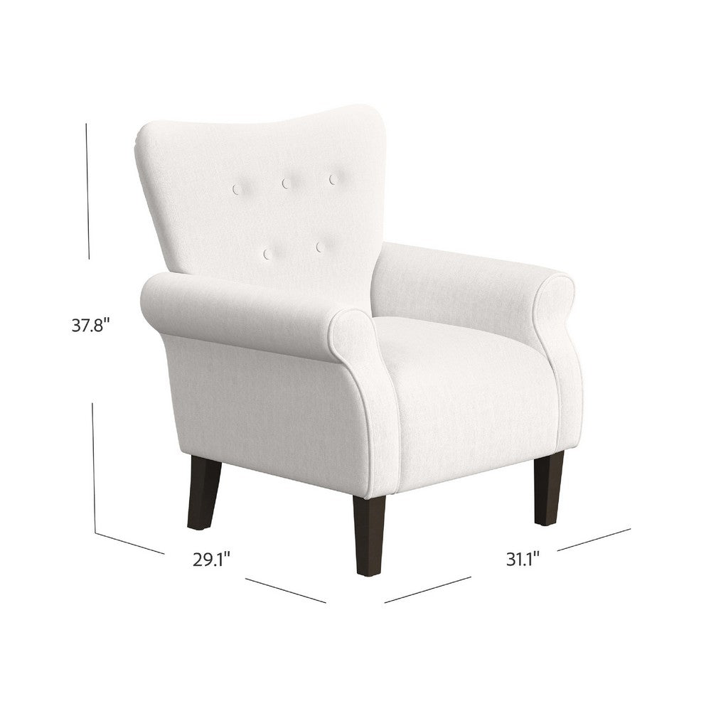 Benjara Mowo Accent Armchair, Classic Button Tufted Back, White Woven Fabric