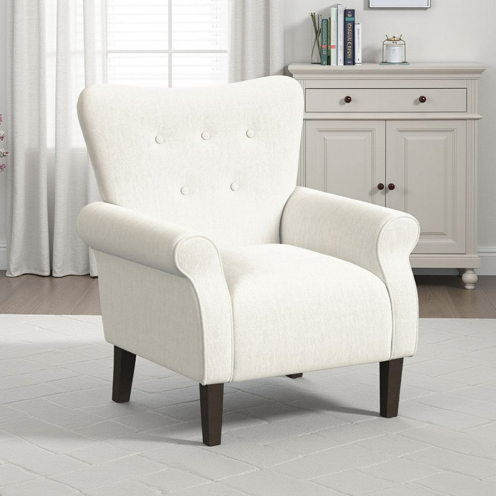 Benjara Mowo Accent Armchair, Classic Button Tufted Back, White Woven Fabric