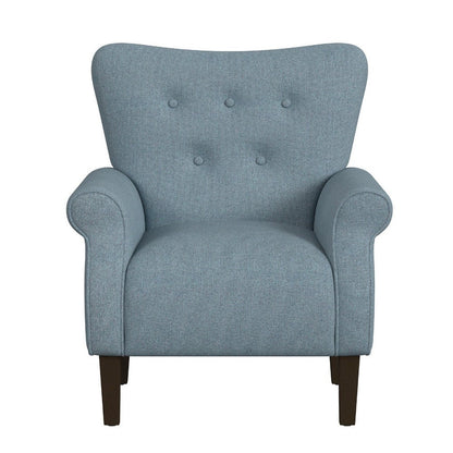 Benjara Mowo Accent Armchair, Classic Button Tufted Back, Blue Woven Fabric
