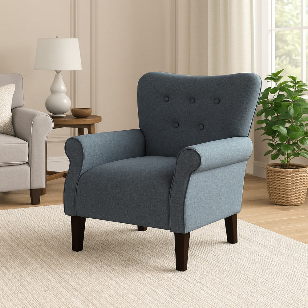 Benjara Mowo Accent Armchair, Classic Button Tufted Back, Blue Woven Fabric