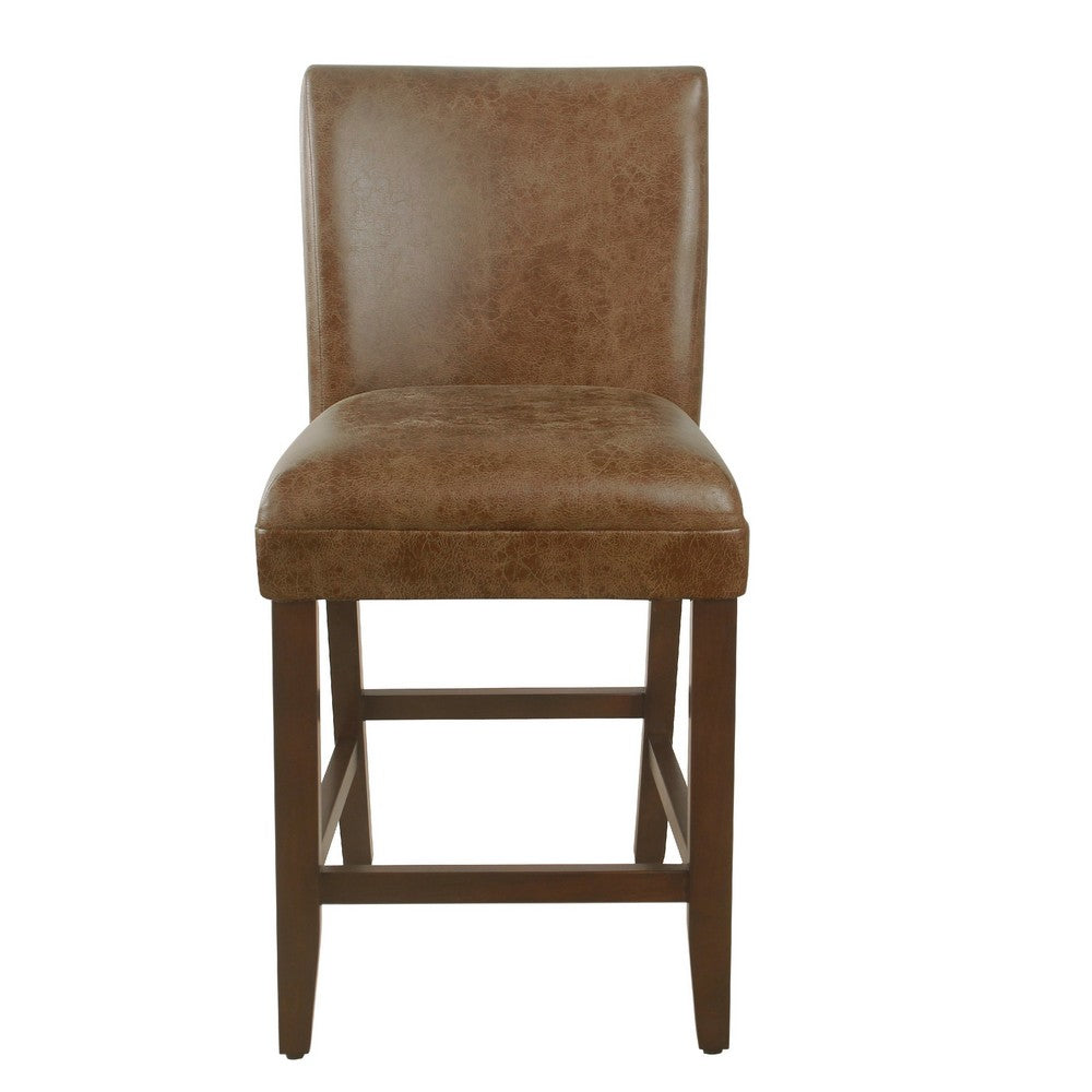 Benjara 24 Inch Counter Stool Chair, Brown Wood Frame, Faux Leather Seat
