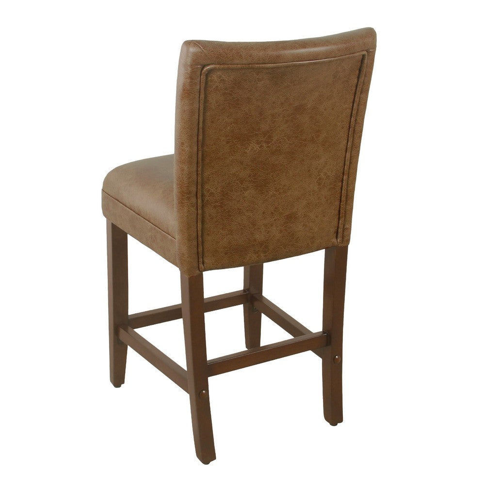 Benjara 24 Inch Counter Stool Chair, Brown Wood Frame, Faux Leather Seat