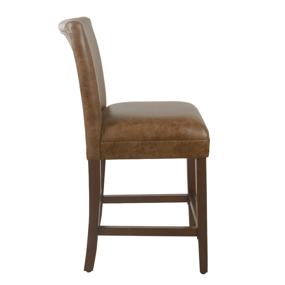 Benjara 24 Inch Counter Stool Chair, Brown Wood Frame, Faux Leather Seat