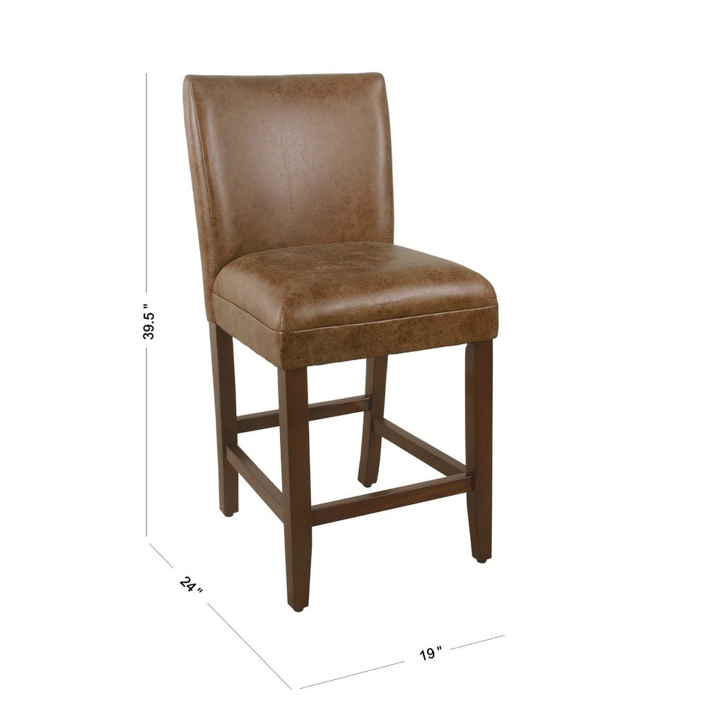 Benjara 24 Inch Counter Stool Chair, Brown Wood Frame, Faux Leather Seat