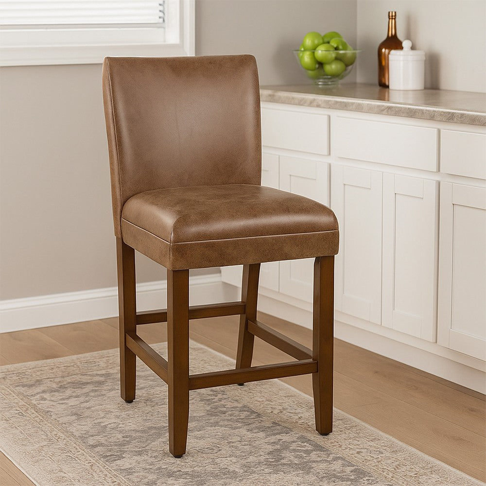 Benjara 24 Inch Counter Stool Chair, Brown Wood Frame, Faux Leather Seat