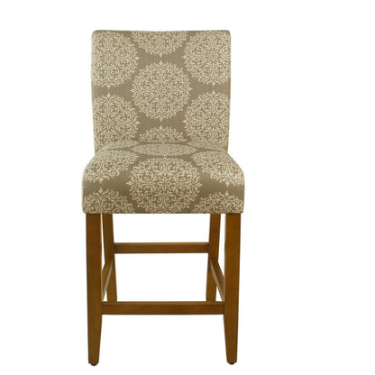 Benjara Mono Counter Stool Chair, Cream Polyester with Medallion Print, Brown