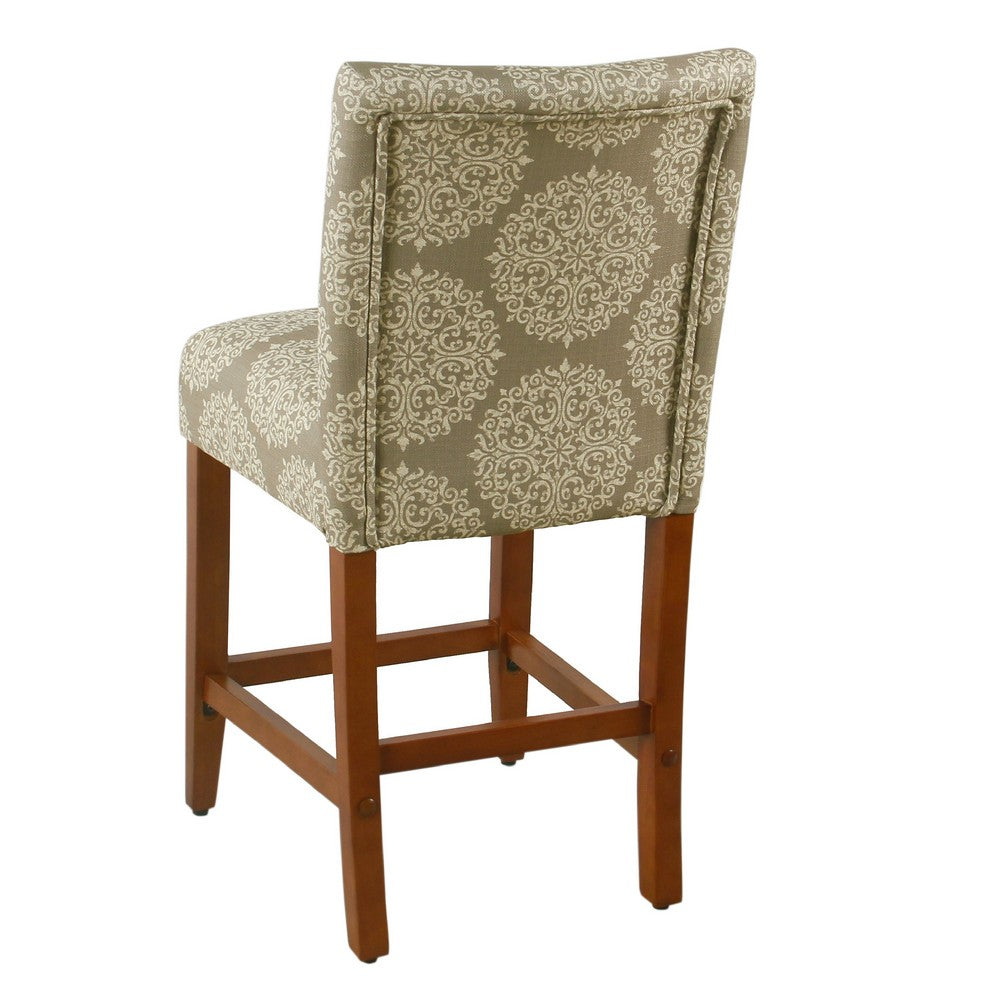 Benjara Mono Counter Stool Chair, Cream Polyester with Medallion Print, Brown