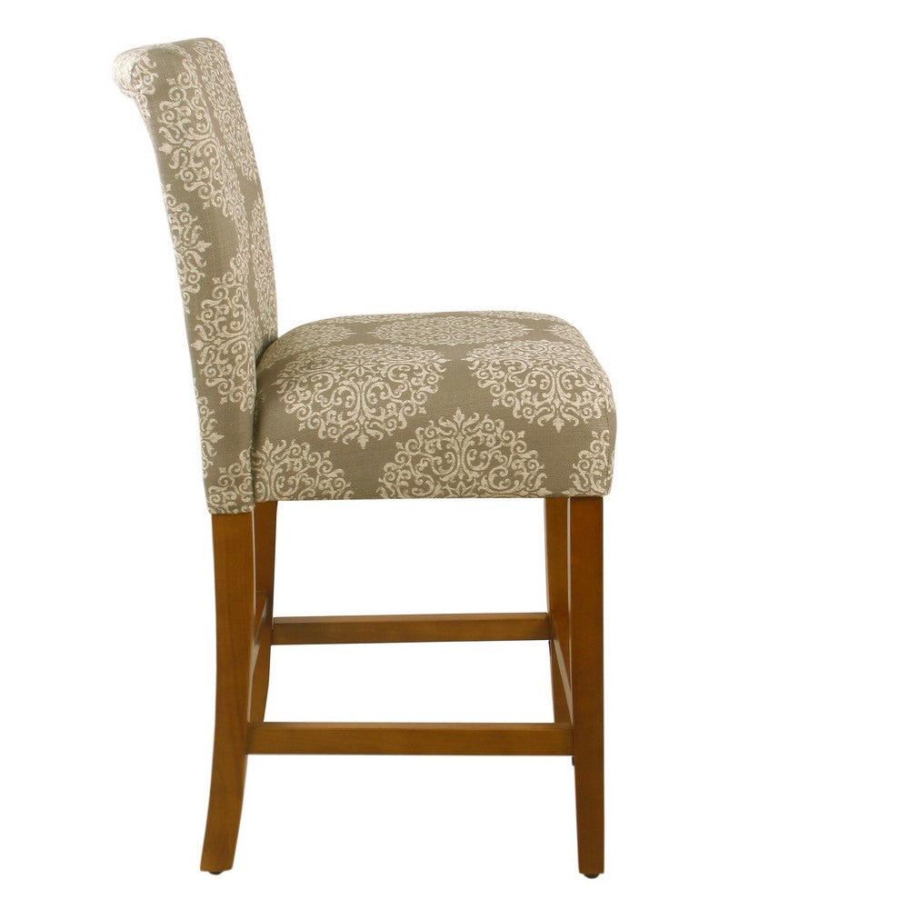 Benjara Mono Counter Stool Chair, Cream Polyester with Medallion Print, Brown