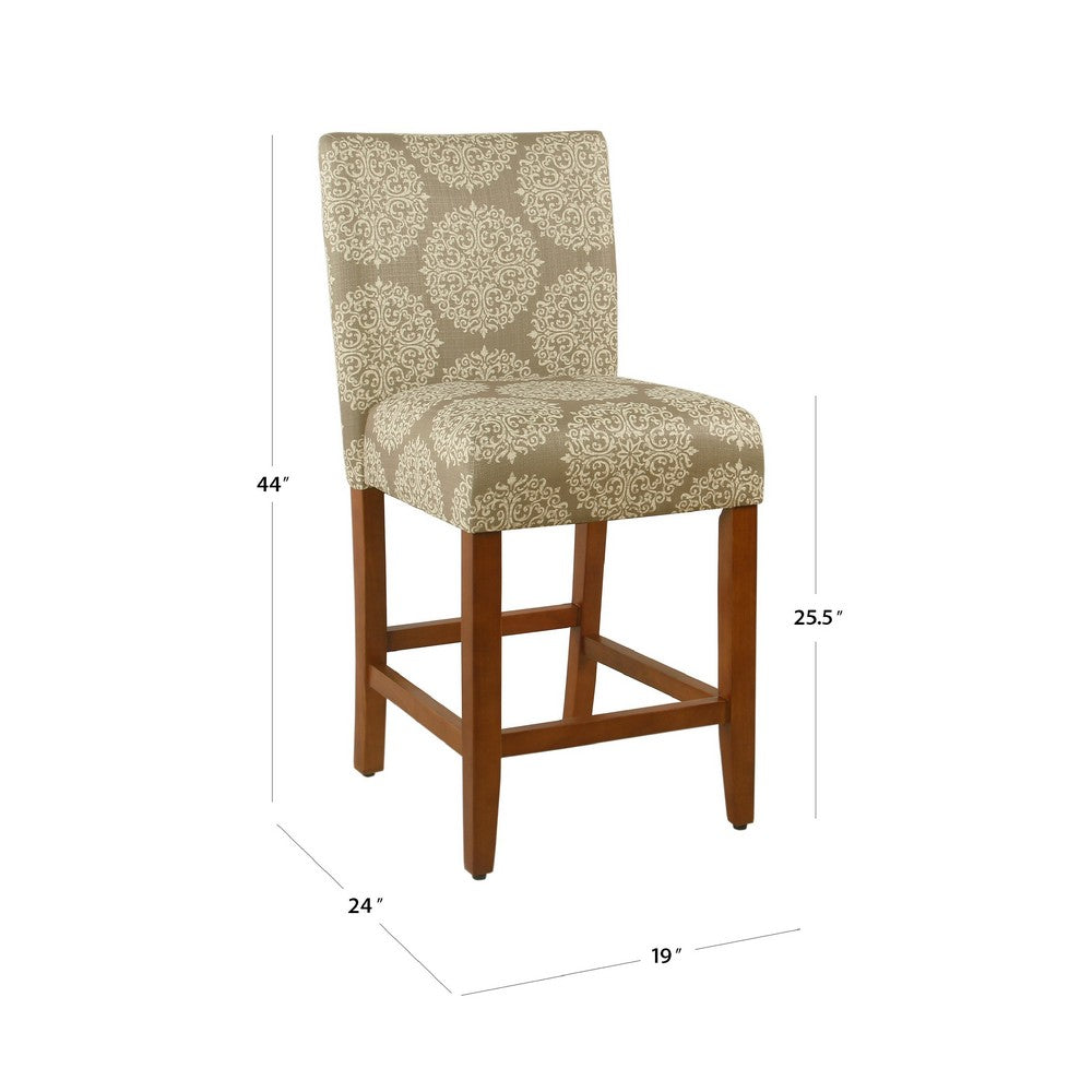 Benjara Mono Counter Stool Chair, Cream Polyester with Medallion Print, Brown