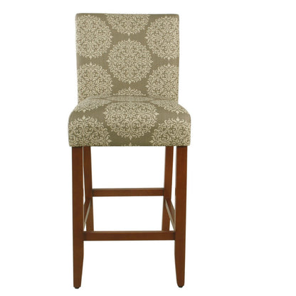 Benjara Mono Barstool Chair, Cream Polyester with Medallion Print, Brown Wood