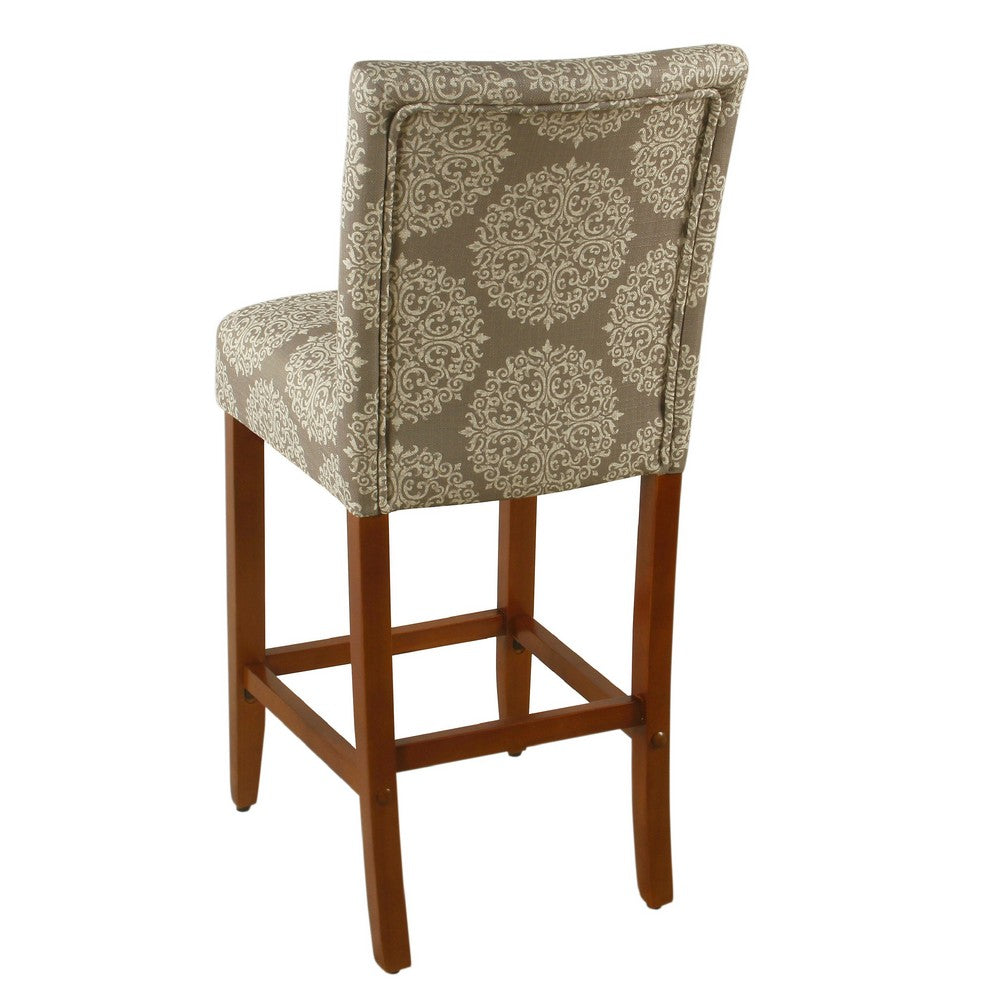 Benjara Mono Barstool Chair, Cream Polyester with Medallion Print, Brown Wood