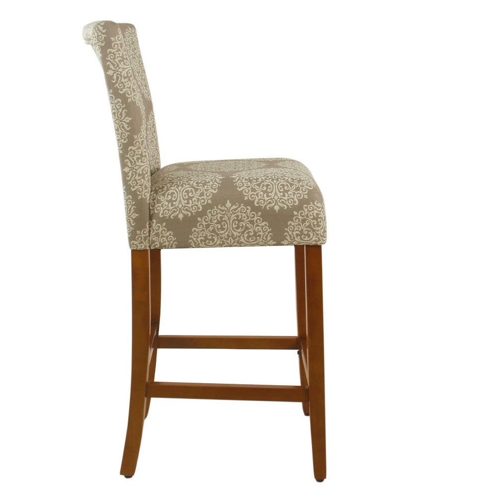 Benjara Mono Barstool Chair, Cream Polyester with Medallion Print, Brown Wood