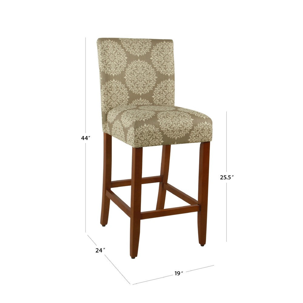Benjara Mono Barstool Chair, Cream Polyester with Medallion Print, Brown Wood