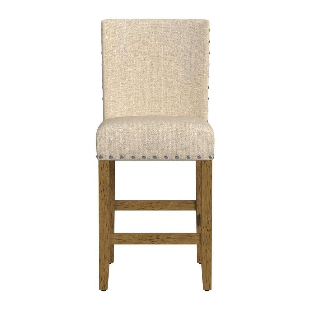 Benjara Siem Counter Stool Chair, Brown Beige Polyester Seat, Nailhead Trim